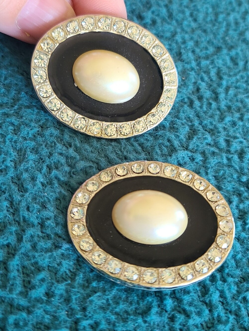 Vintage Classic Faux Pearl-Center Black & Silver Crystal Earrings